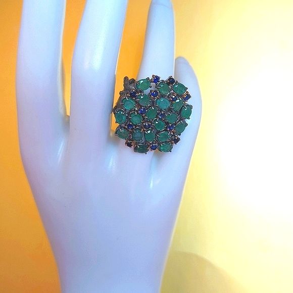 Handcrafted Natural Emerald & Sapphire 925 Sterling Ring Sz 8.25