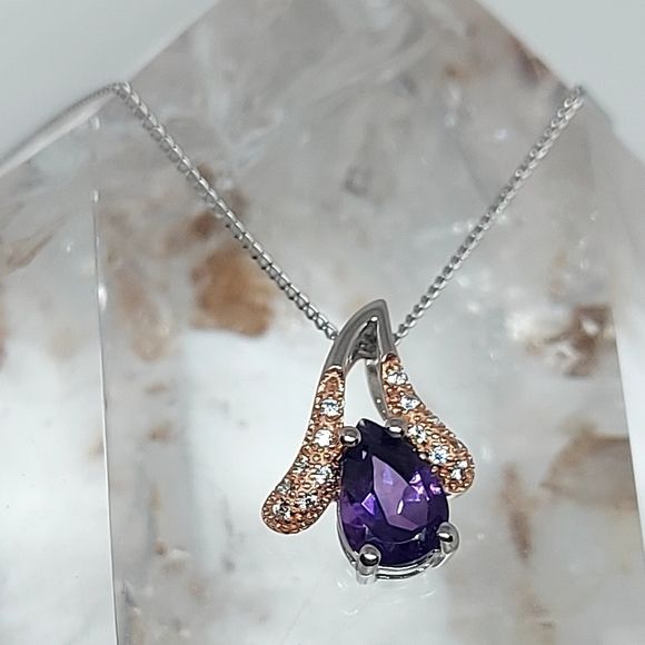 Natural Pear Purple Amethyst 9x6mm & Cz 925 Sterling Silver Necklace 18"