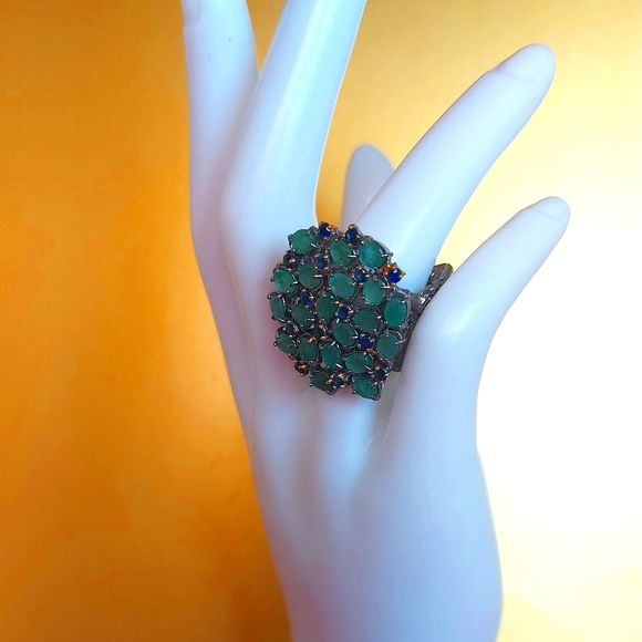 Handcrafted Natural Emerald & Sapphire 925 Sterling Ring Sz 8.25