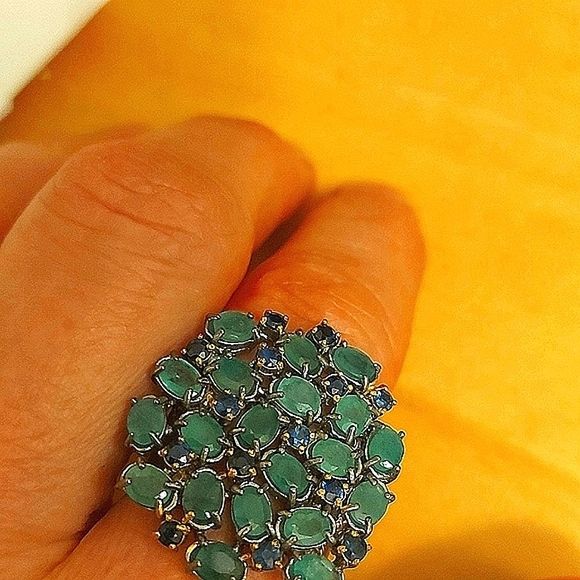 Handcrafted Natural Emerald & Sapphire 925 Sterling Ring Sz 8.25