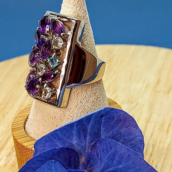 Natural Amethyst,  Aquamarine & Swiss Blue Topaz 925 Sterling Silver Ring 7.5