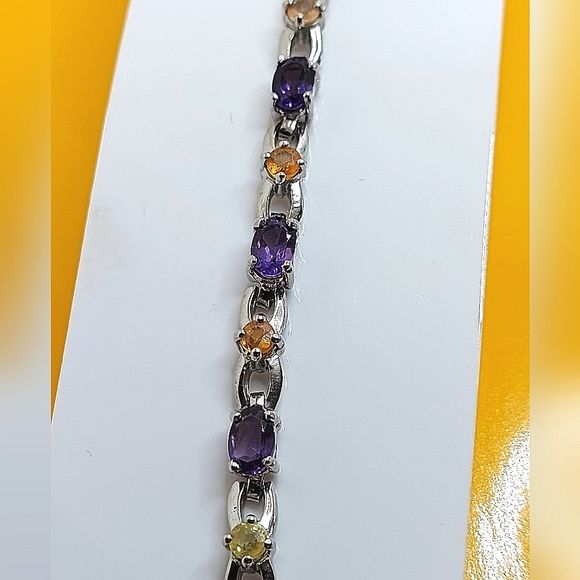 Natural Amethyst 6x4mm & Sapphire 925 Sterling Silver Bracelet 7.5"