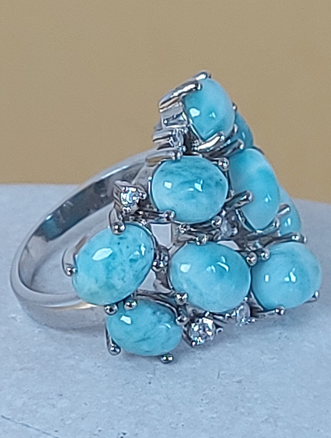 Unheated Oval Blue Larimar 8x6mm & Cz 925 Sterling Silver Ring Size 6.75