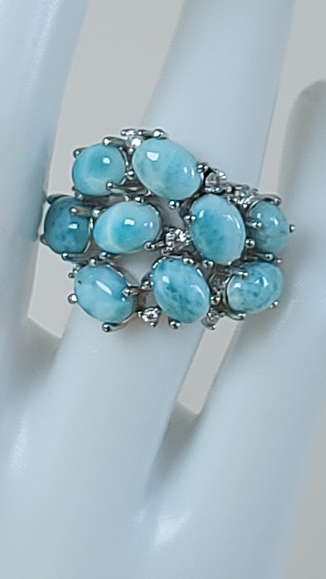 Unheated Oval Blue Larimar 8x6mm & Cz 925 Sterling Silver Ring Size 6.75