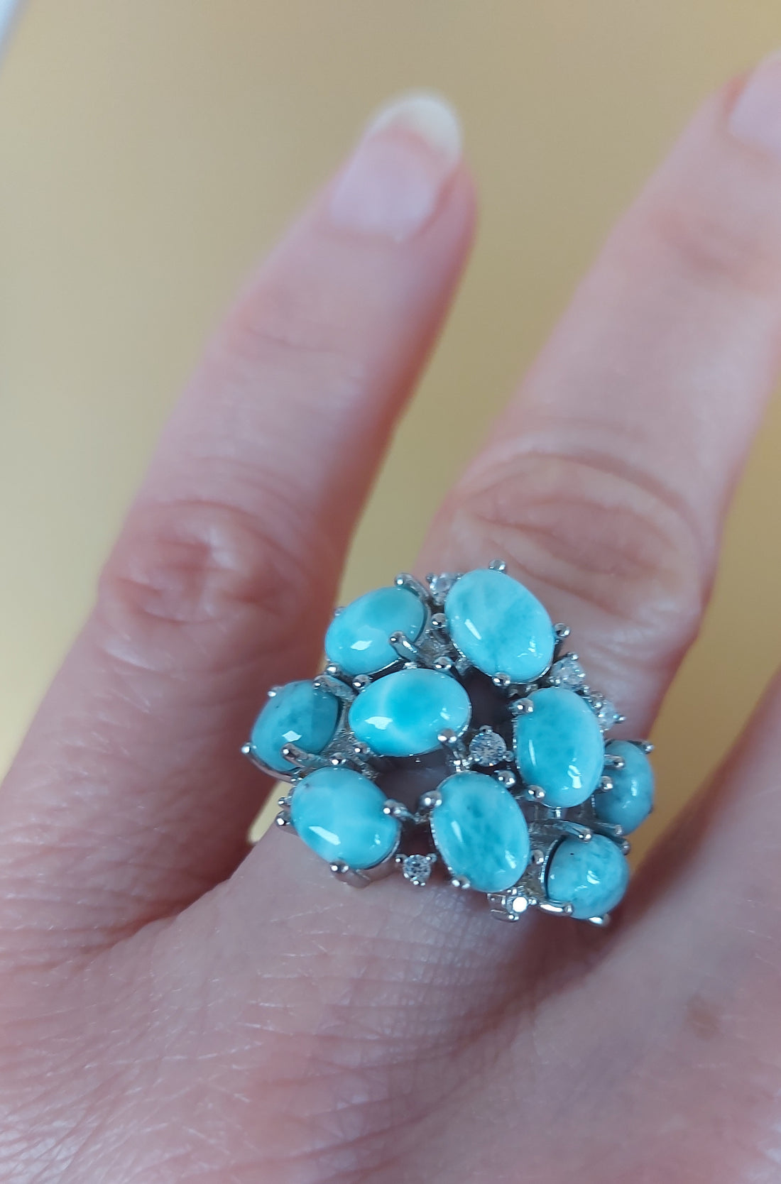 Unheated Oval Blue Larimar 8x6mm & Cz 925 Sterling Silver Ring Size 6.75