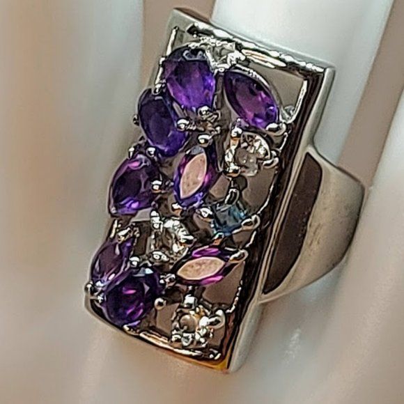 Natural Amethyst,  Aquamarine & Swiss Blue Topaz 925 Sterling Silver Ring 7.5