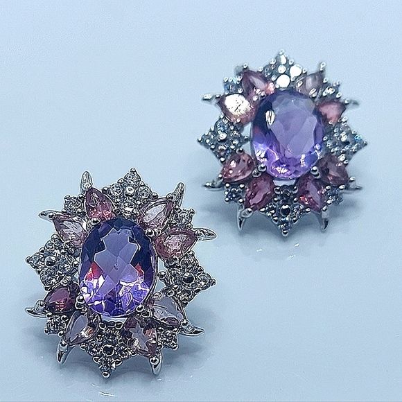 Unheated Amethyst, Rhodolite & Cubic Zirconia 925 Sterling Silver Earrings