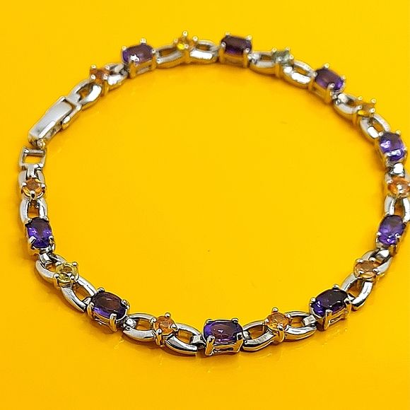 Natural Amethyst 6x4mm & Sapphire 925 Sterling Silver Bracelet 7.5"