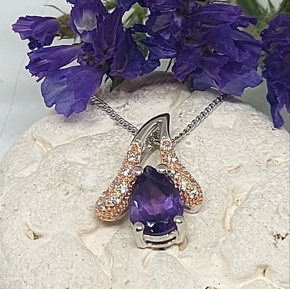 Natural Pear Purple Amethyst 9x6mm & Cz 925 Sterling Silver Necklace 18"