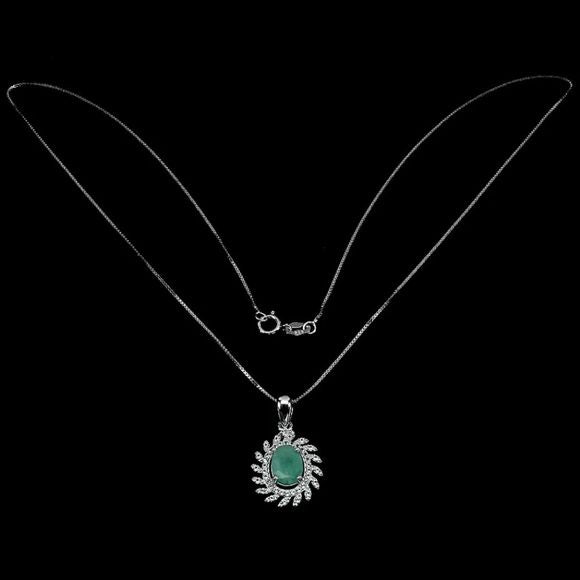 Natural Oval Emerald 8x6mm & White Topaz 925 Sterling Silver Necklace 18"