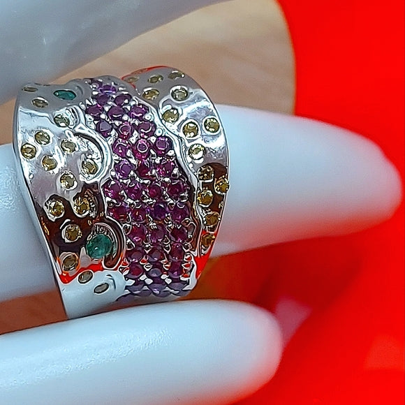 Natural Rhodolite Garnet, Emerald Sapphire 925 Sterling Silver Ring Size 7.5