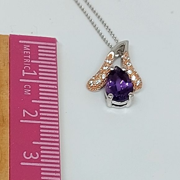 Natural Pear Purple Amethyst 9x6mm & Cz 925 Sterling Silver Necklace 18"