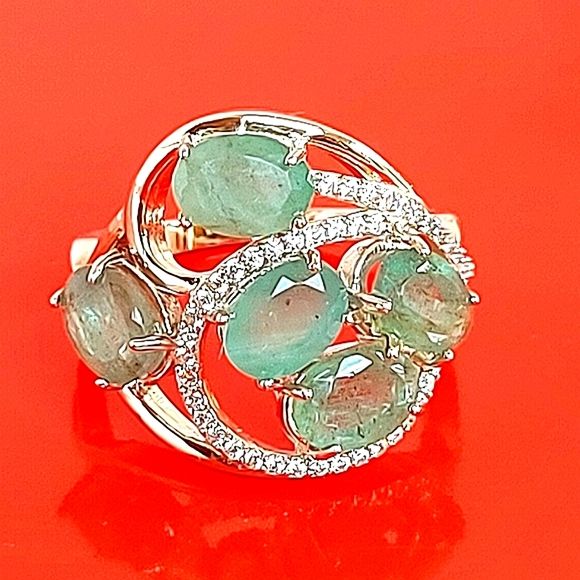 Natural Oval Green Emerald 7x5mm & Cz 925 Sterling Silver Ring Sz 6.75