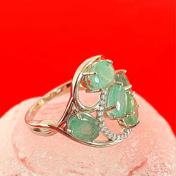 Natural Oval Green Emerald 7x5mm & Cz 925 Sterling Silver Ring Sz 6.75