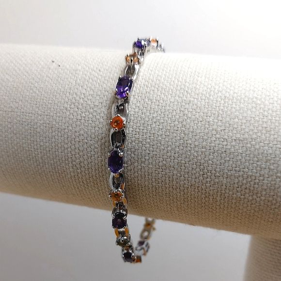 Natural Amethyst 6x4mm & Sapphire 925 Sterling Silver Bracelet 7.5"