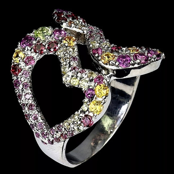 Natural Peridot, Rhodolite, Sapphire 925 Sterling Silver Ring 8.5