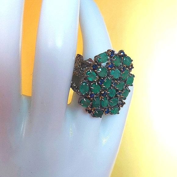 Handcrafted Natural Emerald & Sapphire 925 Sterling Ring Sz 8.25