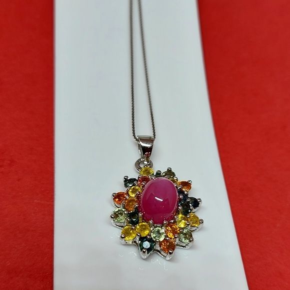 Natural Heated Ruby 10x8mm & Sapphire 925 Sterling Silver Necklace 18"