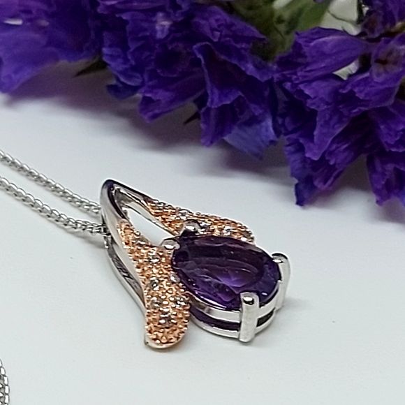 Natural Pear Purple Amethyst 9x6mm & Cz 925 Sterling Silver Necklace 18"