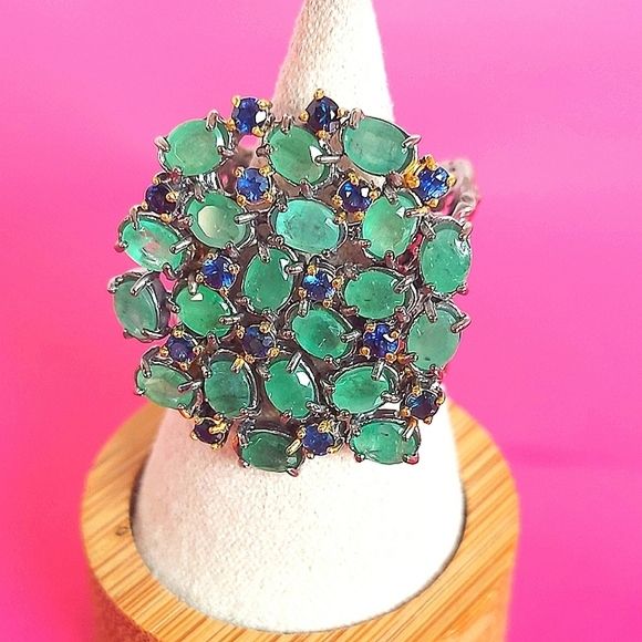 Handcrafted Natural Emerald & Sapphire 925 Sterling Ring Sz 8.25