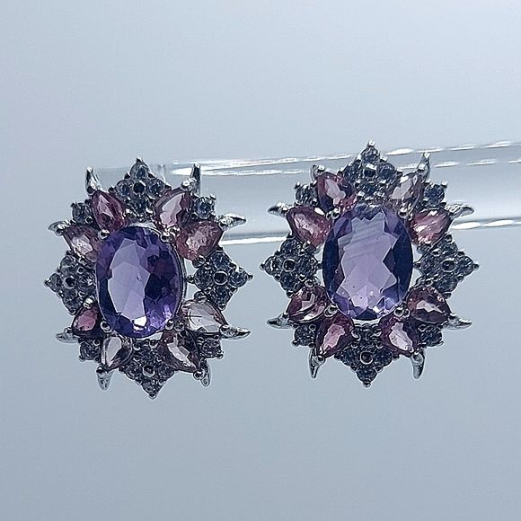 Unheated Amethyst, Rhodolite & Cubic Zirconia 925 Sterling Silver Earrings