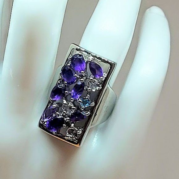 Natural Amethyst,  Aquamarine & Swiss Blue Topaz 925 Sterling Silver Ring 7.5