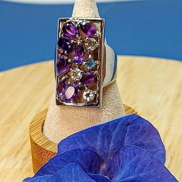 Natural Amethyst,  Aquamarine & Swiss Blue Topaz 925 Sterling Silver Ring 7.5