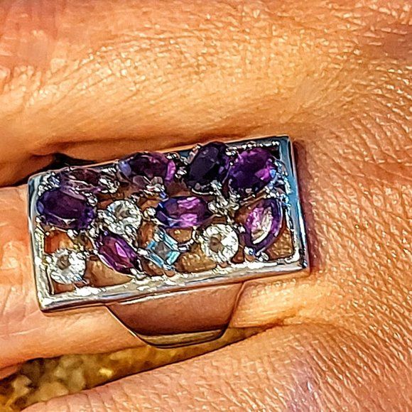 Natural Amethyst,  Aquamarine & Swiss Blue Topaz 925 Sterling Silver Ring 7.5