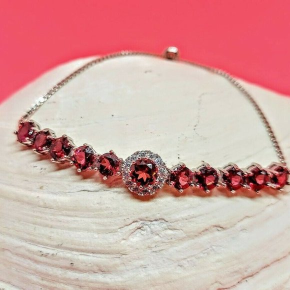 Natural Pink Rhodolite Garnet 925 Sterling Silver Adjustable Bracelet 9"