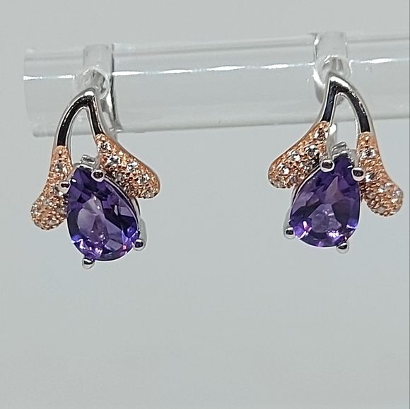 Natural Purple Amethyst 9x6mm 925 Sterling Silver Earrings