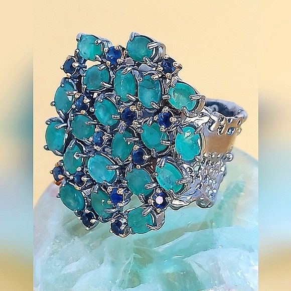 Handcrafted Natural Emerald & Sapphire 925 Sterling Ring Sz 8.25