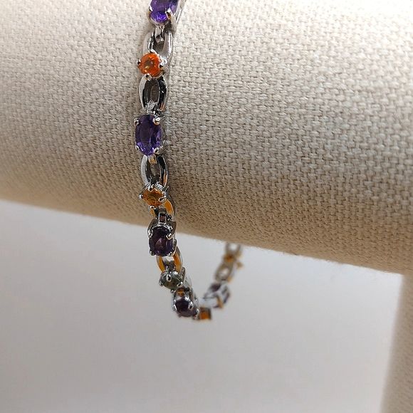 Natural Amethyst 6x4mm & Sapphire 925 Sterling Silver Bracelet 7.5"