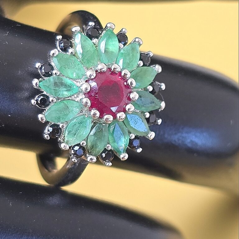 Natural Ruby, Emerald & Black Spinel 925 Sterling Silver Ring