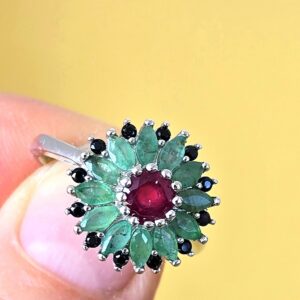 Natural Ruby, Emerald & Black Spinel 925 Sterling Silver Ring