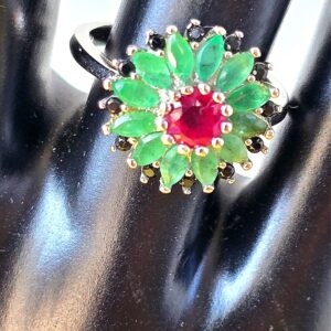 Natural Ruby, Emerald & Black Spinel 925 Sterling Silver Ring