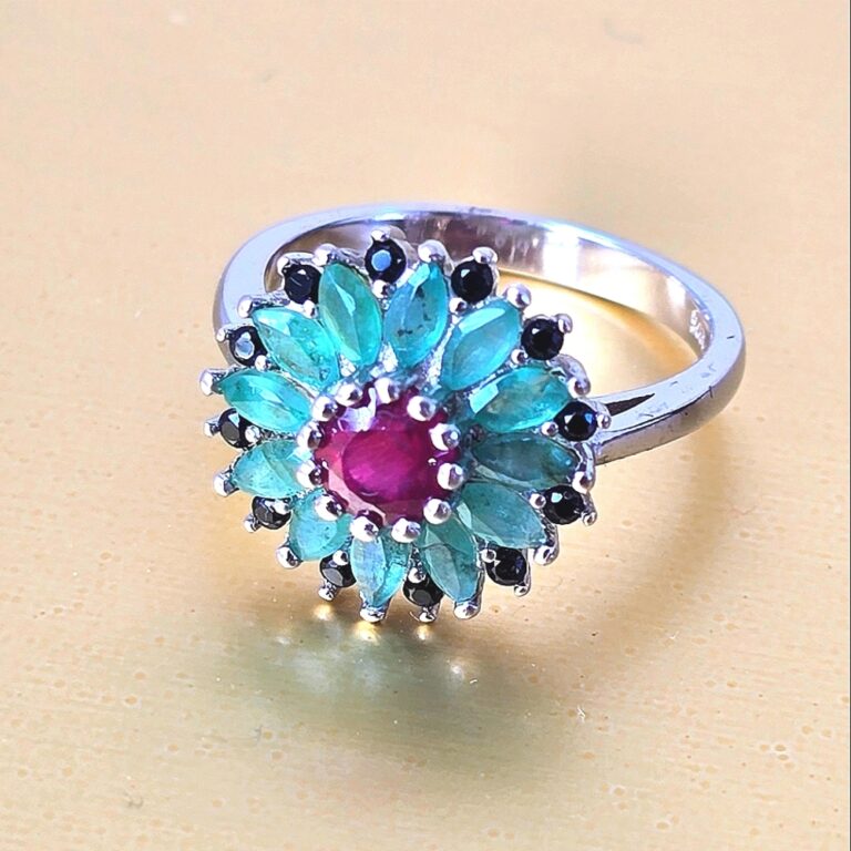 Natural Ruby, Emerald & Black Spinel 925 Sterling Silver Ring