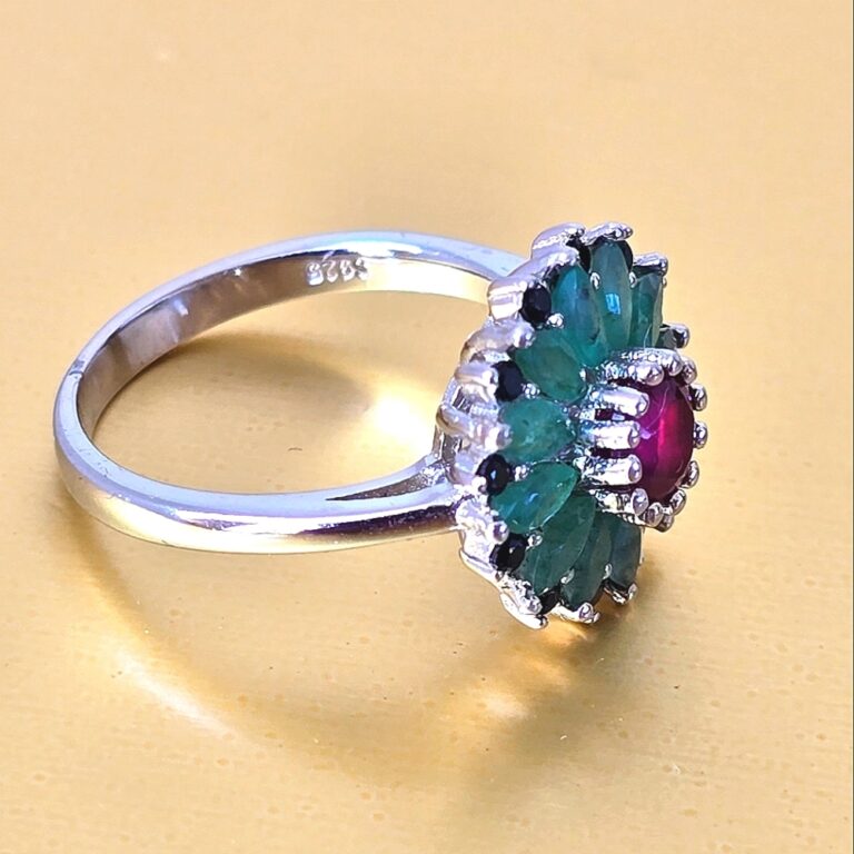 Natural Ruby, Emerald & Black Spinel 925 Sterling Silver Ring