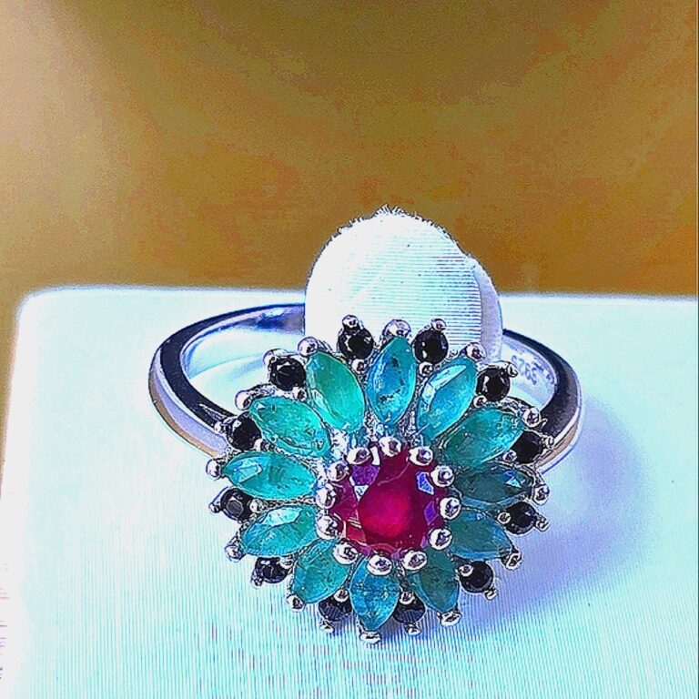 Natural Ruby, Emerald & Black Spinel 925 Sterling Silver Ring