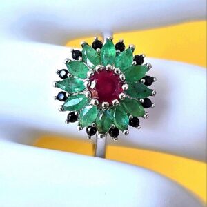 Natural Ruby, Emerald & Black Spinel 925 Sterling Silver Ring