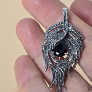 Natural Black Spinel & Marcasite 925 Sterling Silver Brooch/Pendant