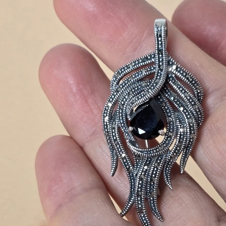 Natural Black Spinel & Marcasite 925 Sterling Silver Brooch/Pendant