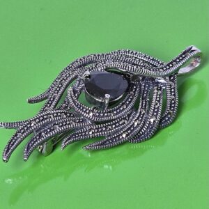 Natural Black Spinel & Marcasite 925 Sterling Silver Brooch/Pendant