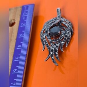 Natural Black Spinel & Marcasite 925 Sterling Silver Brooch/Pendant