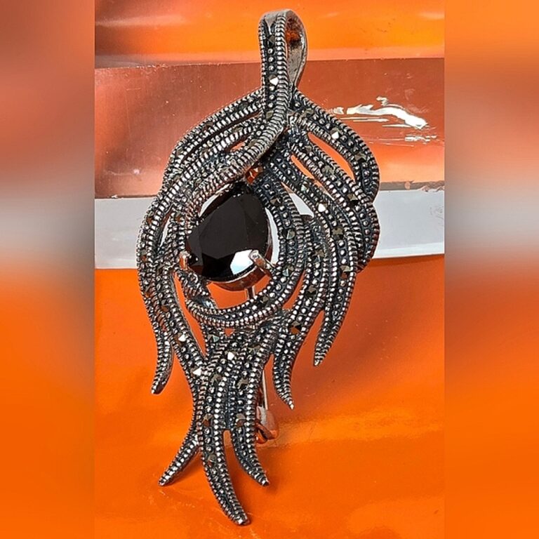 Natural Black Spinel & Marcasite 925 Sterling Silver Brooch/Pendant