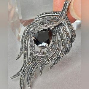 Natural Black Spinel & Marcasite 925 Sterling Silver Brooch/Pendant