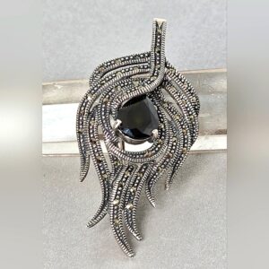 Natural Black Spinel & Marcasite 925 Sterling Silver Brooch/Pendant