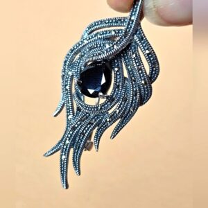 Natural Black Spinel & Marcasite 925 Sterling Silver Brooch/Pendant