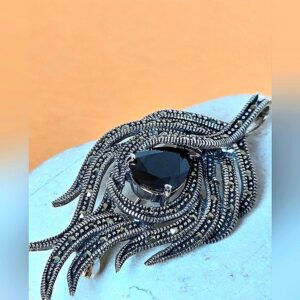 Natural Black Spinel & Marcasite 925 Sterling Silver Brooch/Pendant