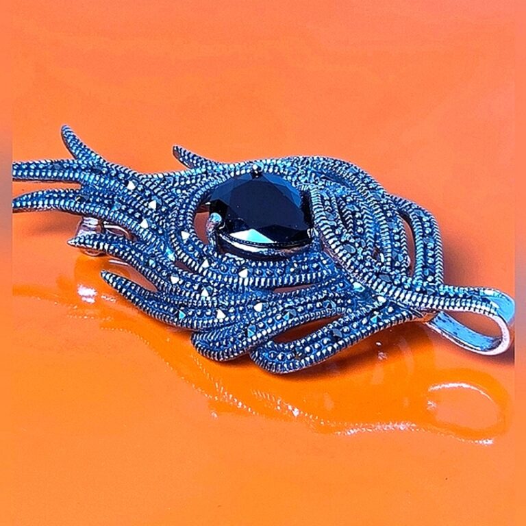 Natural Black Spinel & Marcasite 925 Sterling Silver Brooch/Pendant