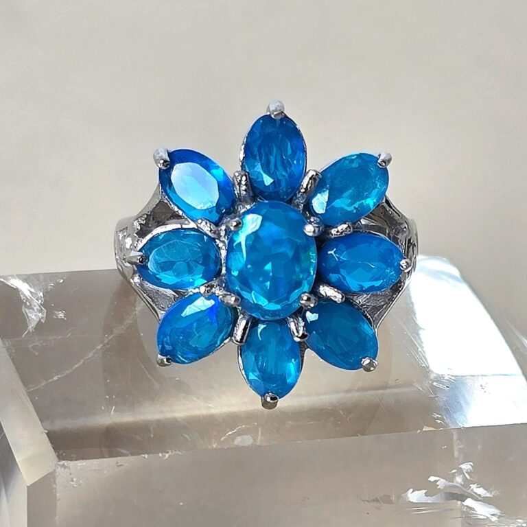 Natural Blue Opal 925 Sterling Silver Flower Shape Ring Sz 7.5